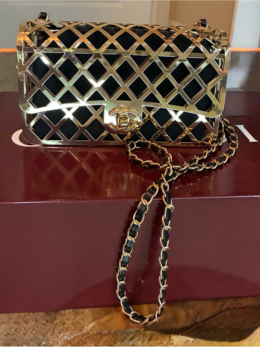 Black Leather Shoulder Bag with Gold Lattice Overlay